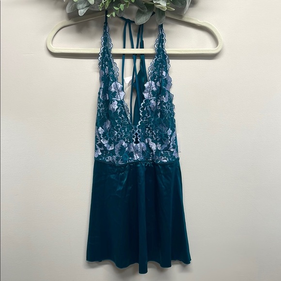 NWT Auden Halter Teal Satin Lace Strappy Back Babydoll Nightie and Thong Panty S - Picture 1 of 15